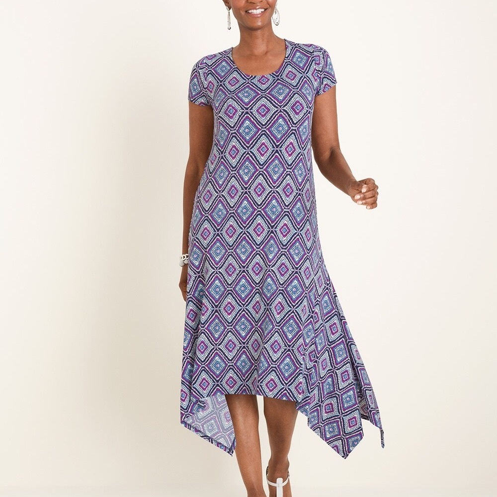 Chico's Purple Diamond-Print Handkerchief-Hem Maxi Dress